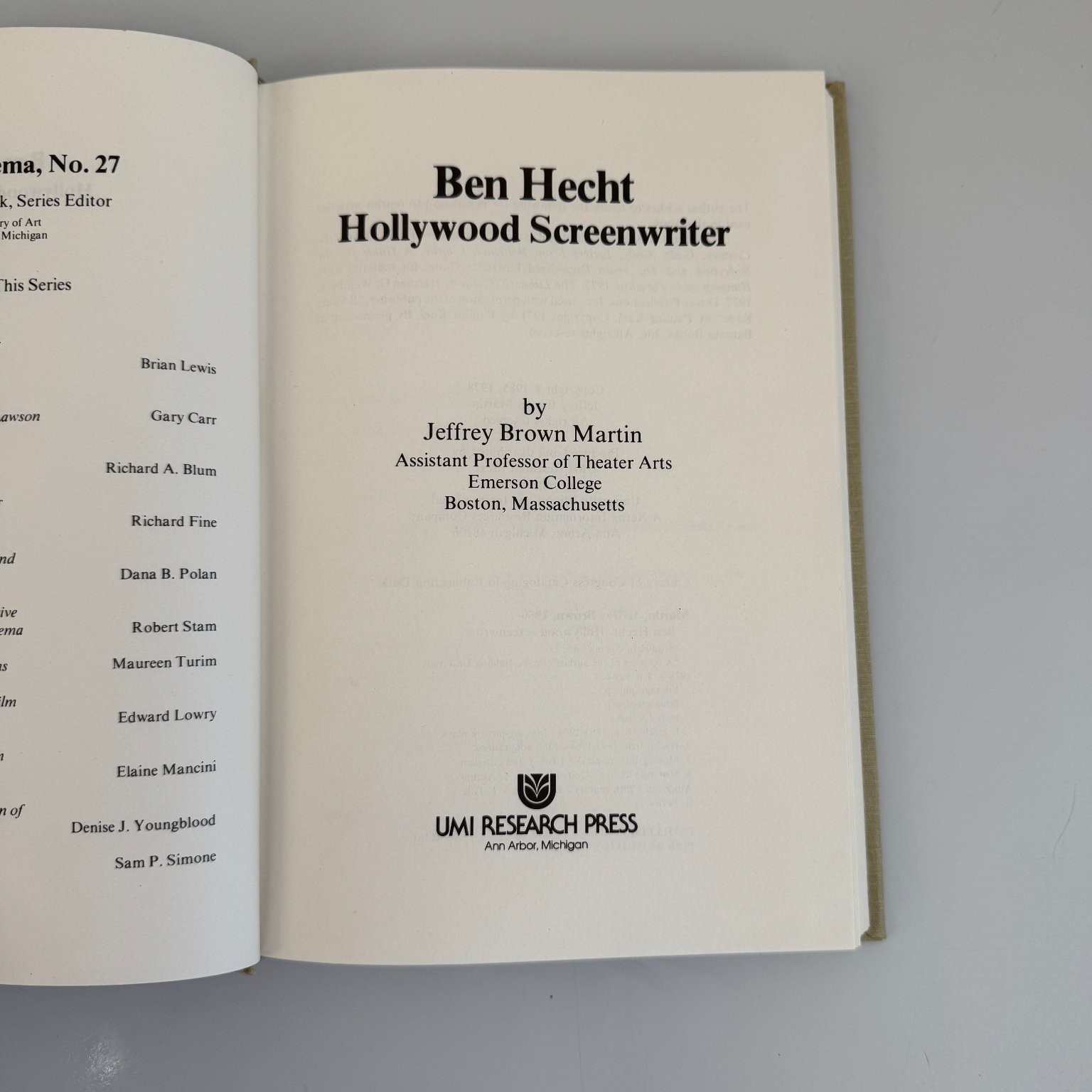 Ben Hecht Hollywood Screenwriter Jeffrey Brown Martin 1985 UMI Press